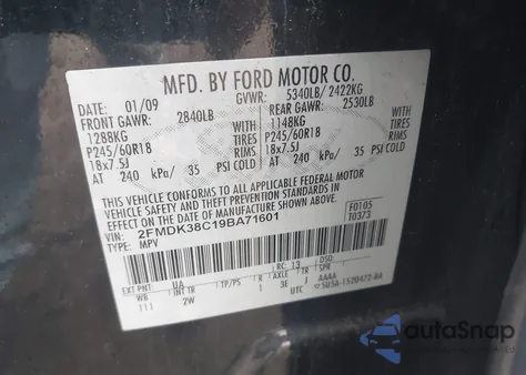 2009 Ford Edge Sel from USA, damaged, VIN 2FMDK38C19BA71601